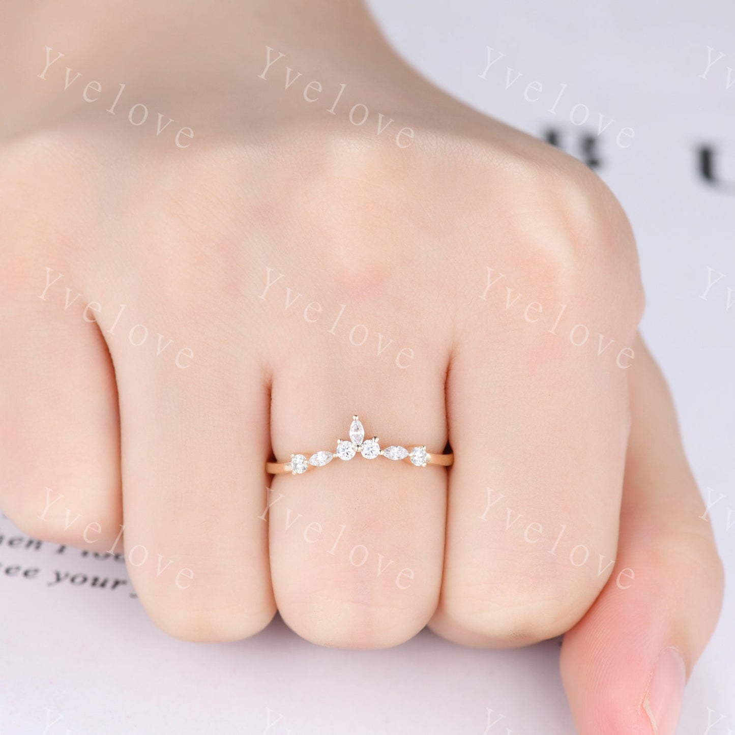 Dainty moissanite wedding band Yellow gold wedding band Curved wedding ring Stacking matching band Bridal Promise band Women delicate ring