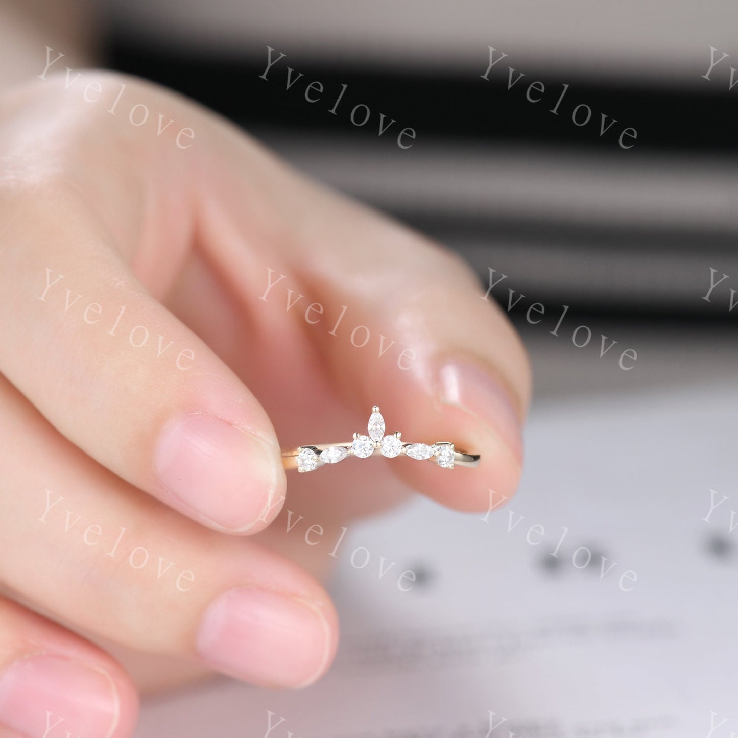 Dainty moissanite wedding band Yellow gold wedding band Curved wedding ring Stacking matching band Bridal Promise band Women delicate ring