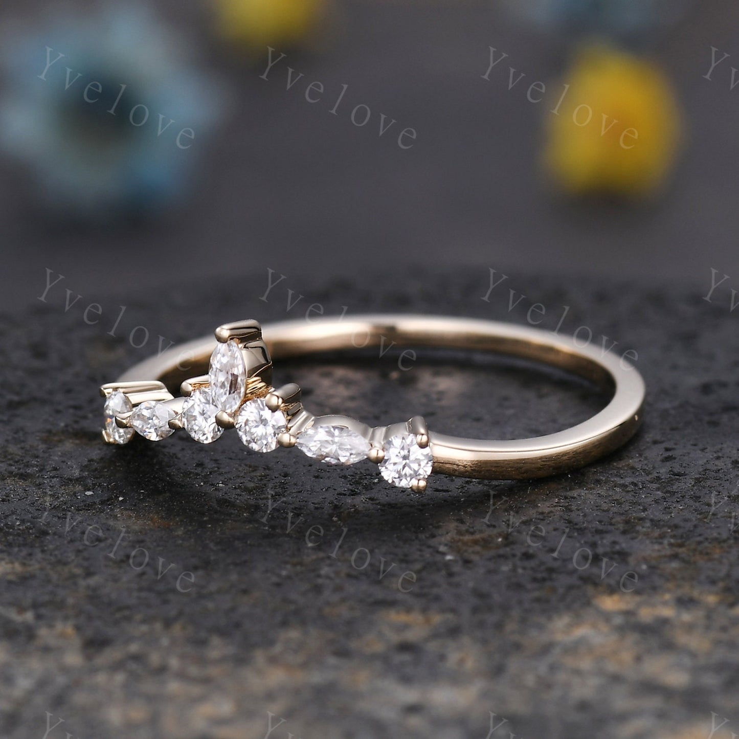 Dainty moissanite wedding band Yellow gold wedding band Curved wedding ring Stacking matching band Bridal Promise band Women delicate ring