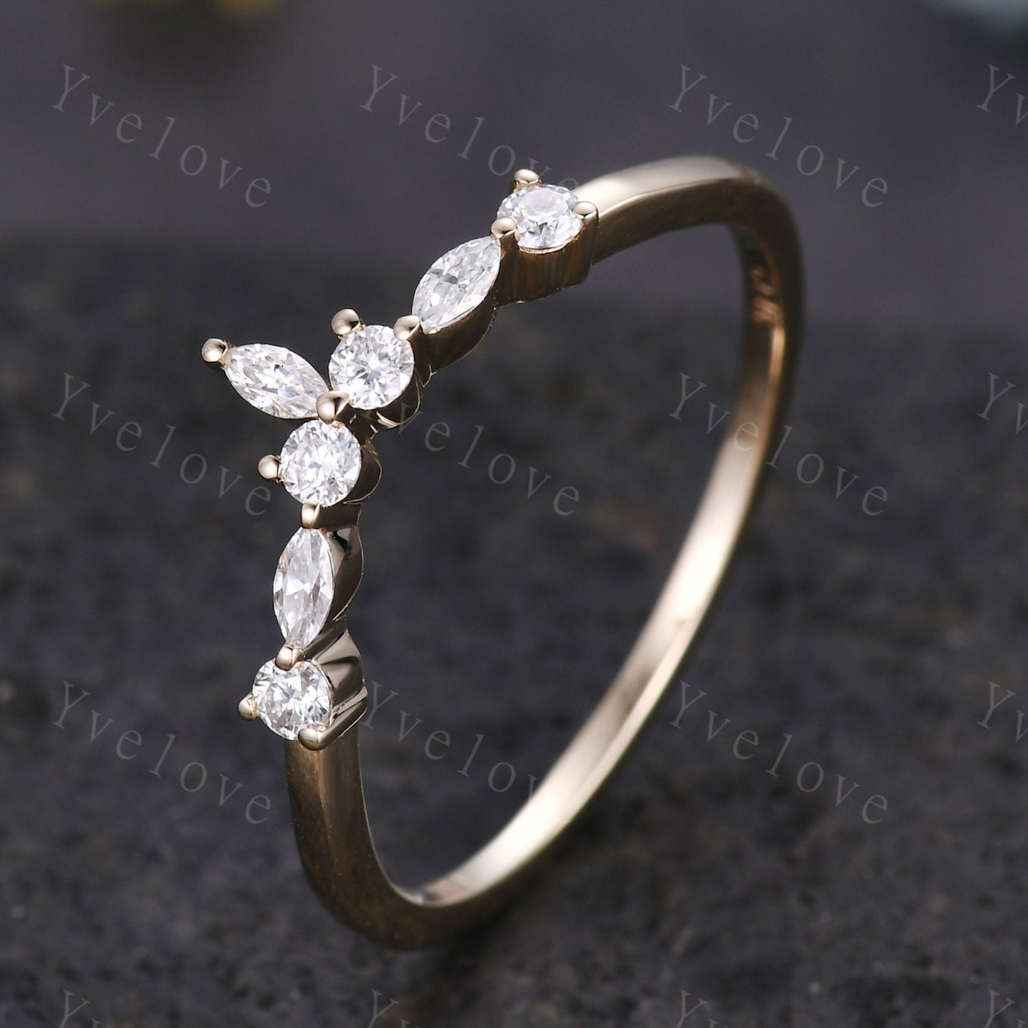 Dainty moissanite wedding band Yellow gold wedding band Curved wedding ring Stacking matching band Bridal Promise band Women delicate ring