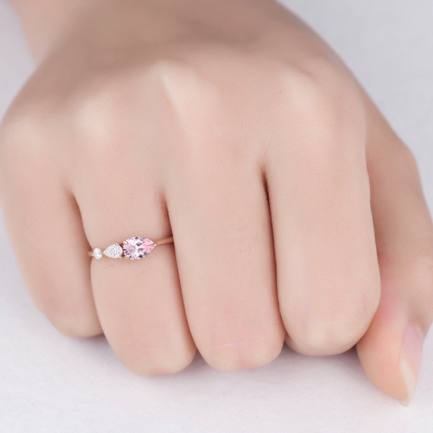 Vintage Pink Sapphire Ring Engagement Ring,Pear Cut Gems,Art Deco Moissanite Wedding Band,3 Stone Unique Women Bridal Promise Ring,Rose Gold