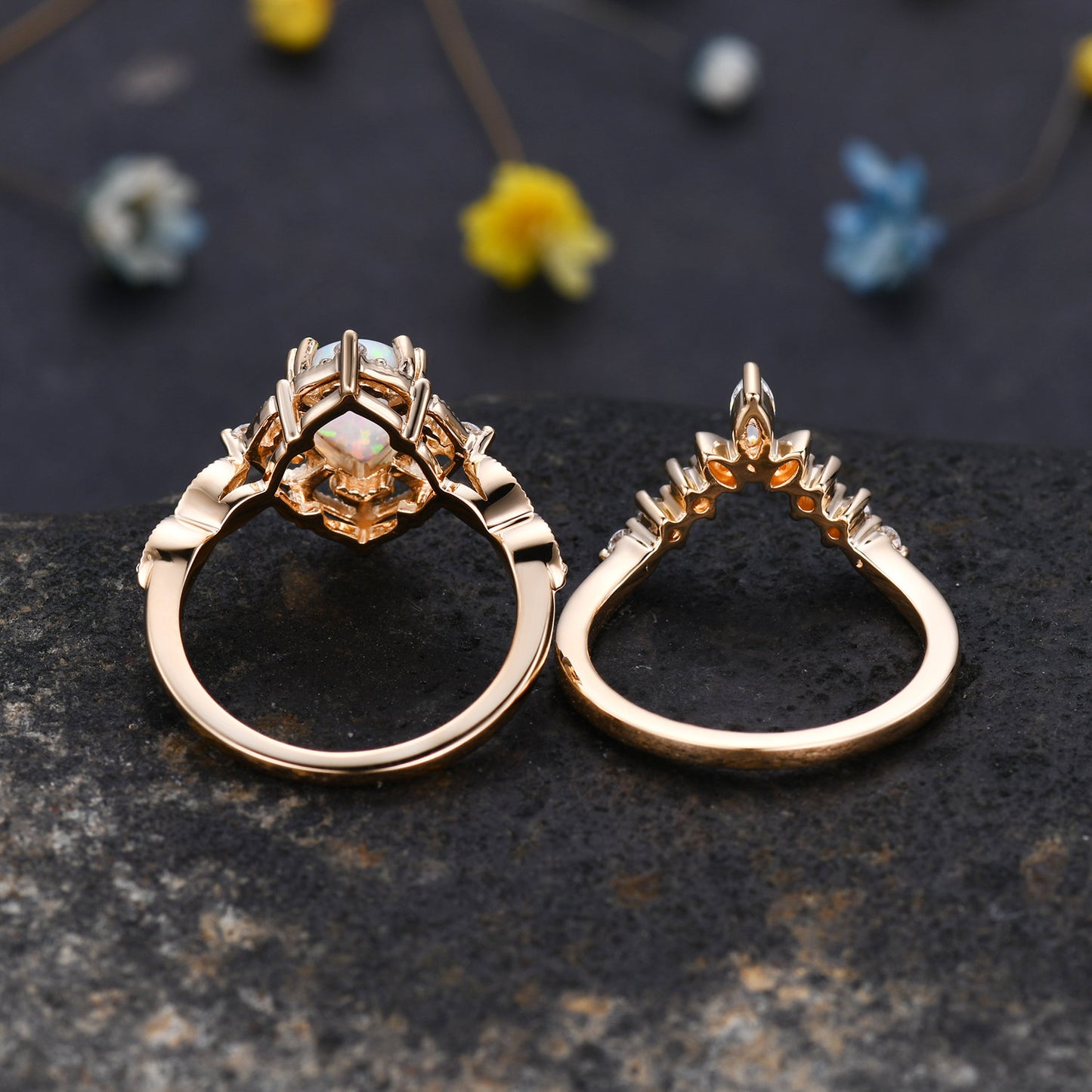 Vintage Pink Sapphire Engagement Ring,Pear Shape Sapphire Ring Set,14K Gold Ring,Unique Women Moissanite Promise Ring For Her,Handmade Gift