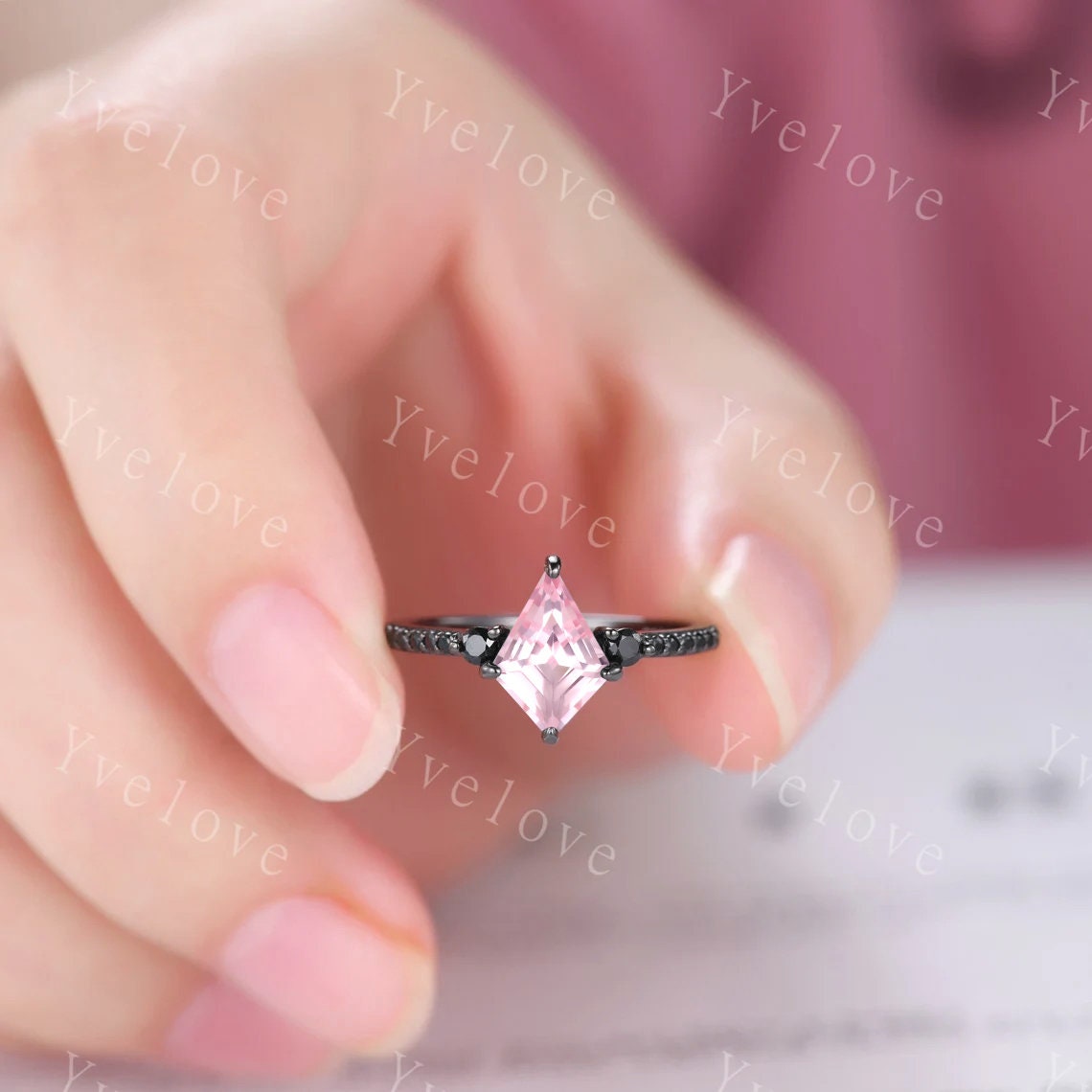 Retro Kite Cut Pink Sapphire Engagement Ring,Vintage Black Silver Ring Set,Unique Black Spinel Diamond Promise Ring Anniversary Gift For Her