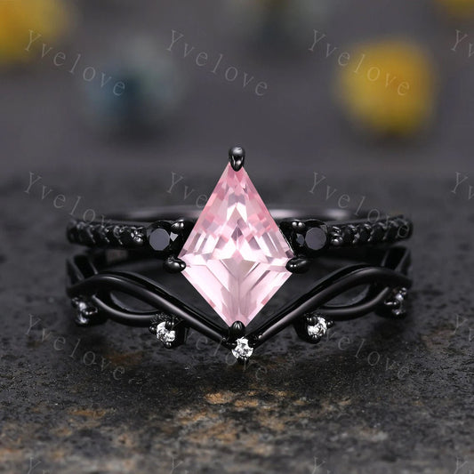 Retro Kite Cut Pink Sapphire Engagement Ring,Vintage Black Silver Ring Set,Unique Black Spinel Diamond Promise Ring Anniversary Gift For Her
