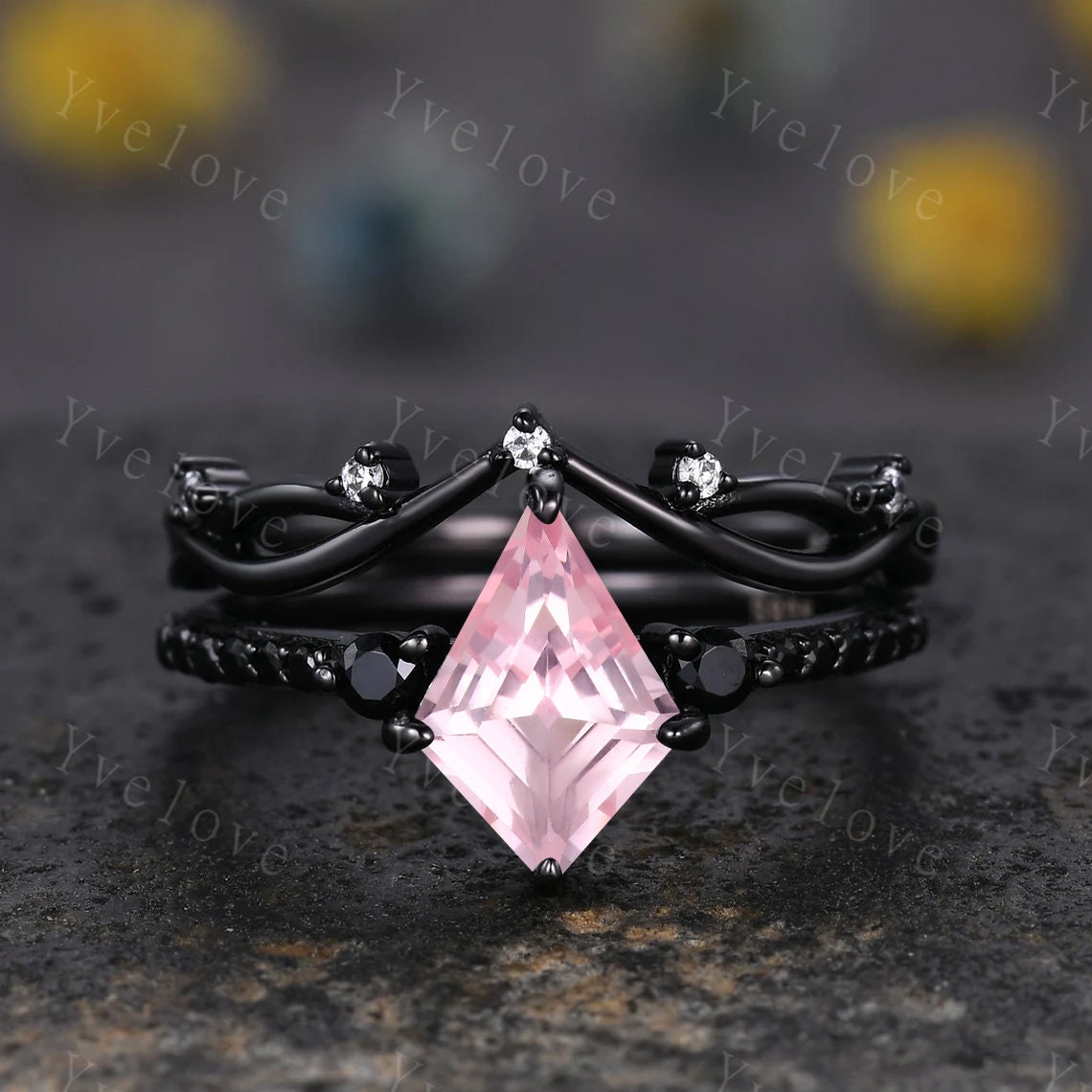 Retro Kite Cut Pink Sapphire Engagement Ring,Vintage Black Silver Ring Set,Unique Black Spinel Diamond Promise Ring Anniversary Gift For Her