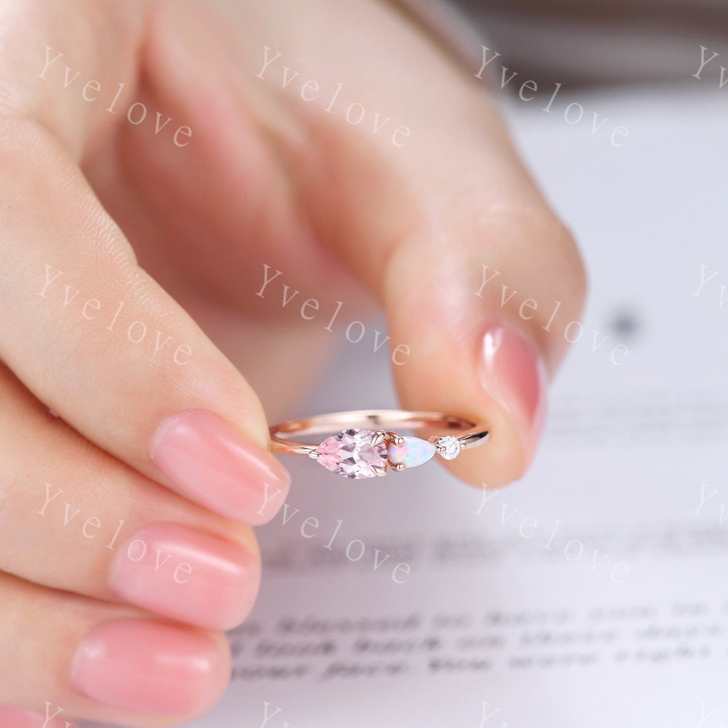 Vintage Pink Sapphire Opal Engagement Ring,Pear Cut Gems,Art Deco Moissanite Wedding Band,3 Stone Unique Women Bridal Promise Ring,Custom