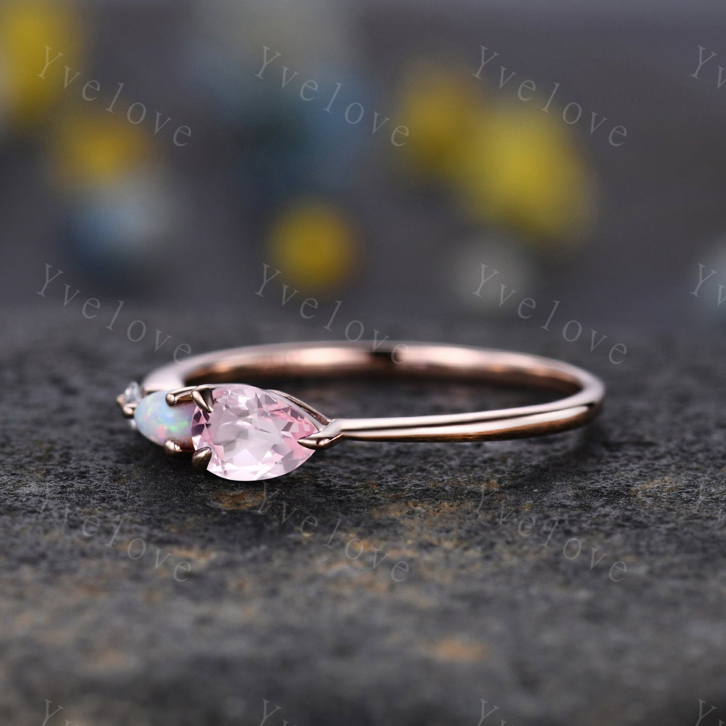 Vintage Pink Sapphire Opal Engagement Ring,Pear Cut Gems,Art Deco Moissanite Wedding Band,3 Stone Unique Women Bridal Promise Ring,Custom