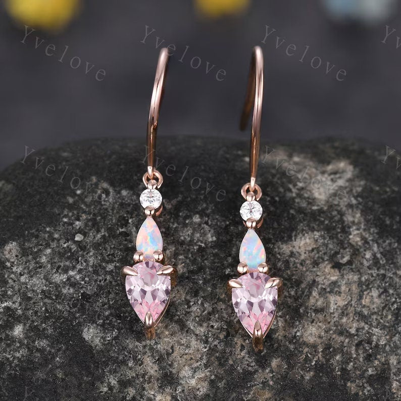 Unique Pink Sapphire Opal Earrings,Pear Cut Gems,Art Deco Moissanite Diamond Delicate Dainty Earrings,3 Stone Minimalist Women Gift for Her