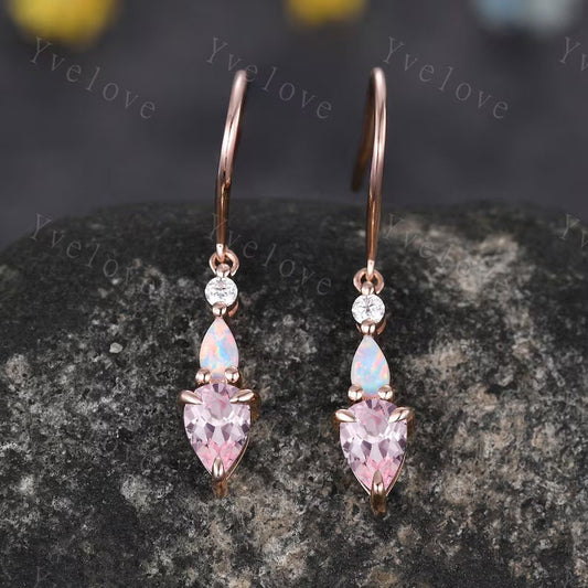 Unique Pink Sapphire Opal Earrings,Pear Cut Gems,Art Deco Moissanite Diamond Delicate Dainty Earrings,3 Stone Minimalist Women Gift for Her