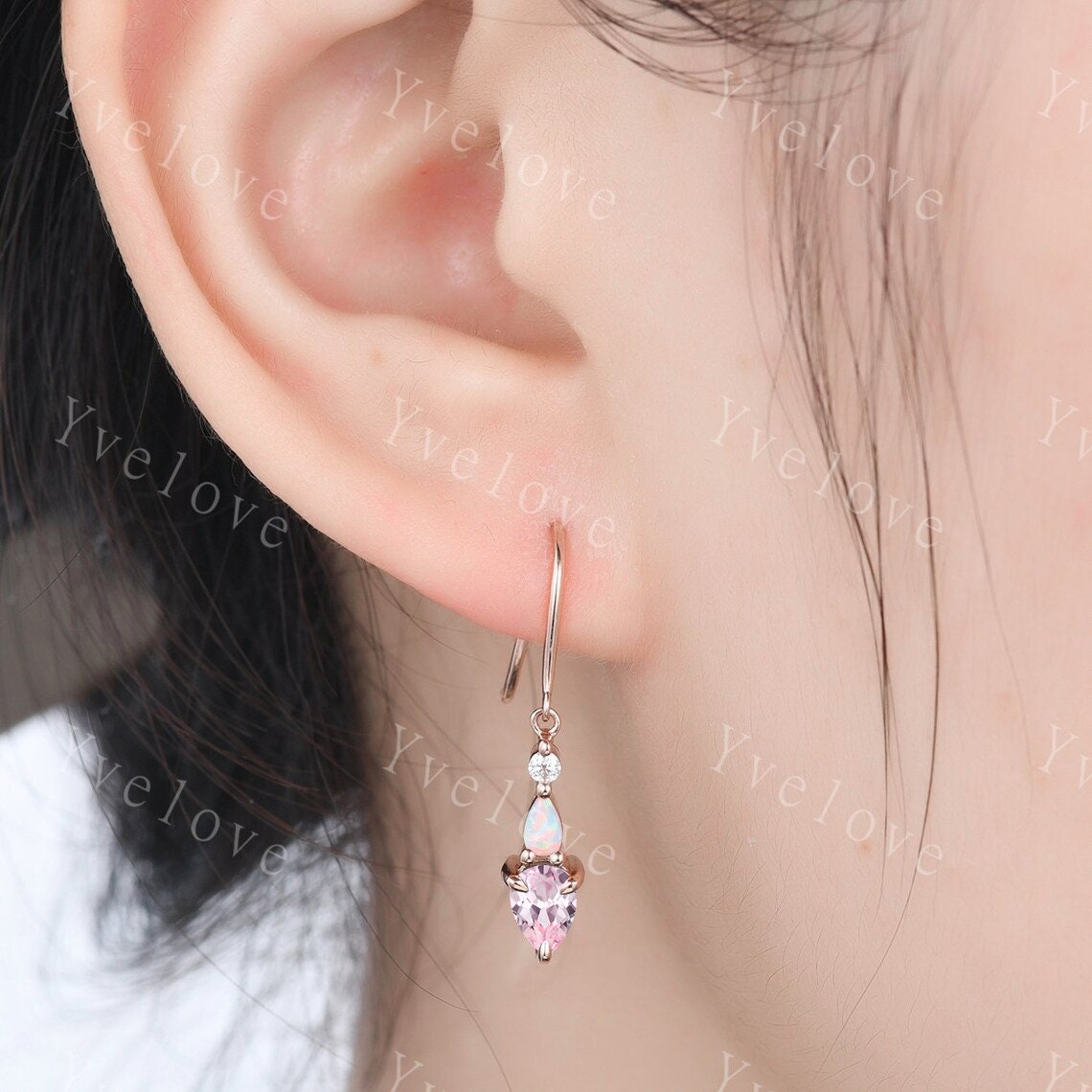 Unique Pink Sapphire Opal Earrings,Pear Cut Gems,Art Deco Moissanite Diamond Delicate Dainty Earrings,3 Stone Minimalist Women Gift for Her