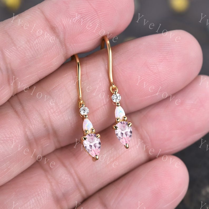 Unique Pink Sapphire Opal Earrings,Pear Cut Gems,Art Deco Moissanite Diamond Delicate Dainty Earrings,3 Stone Minimalist Women Gift for Her