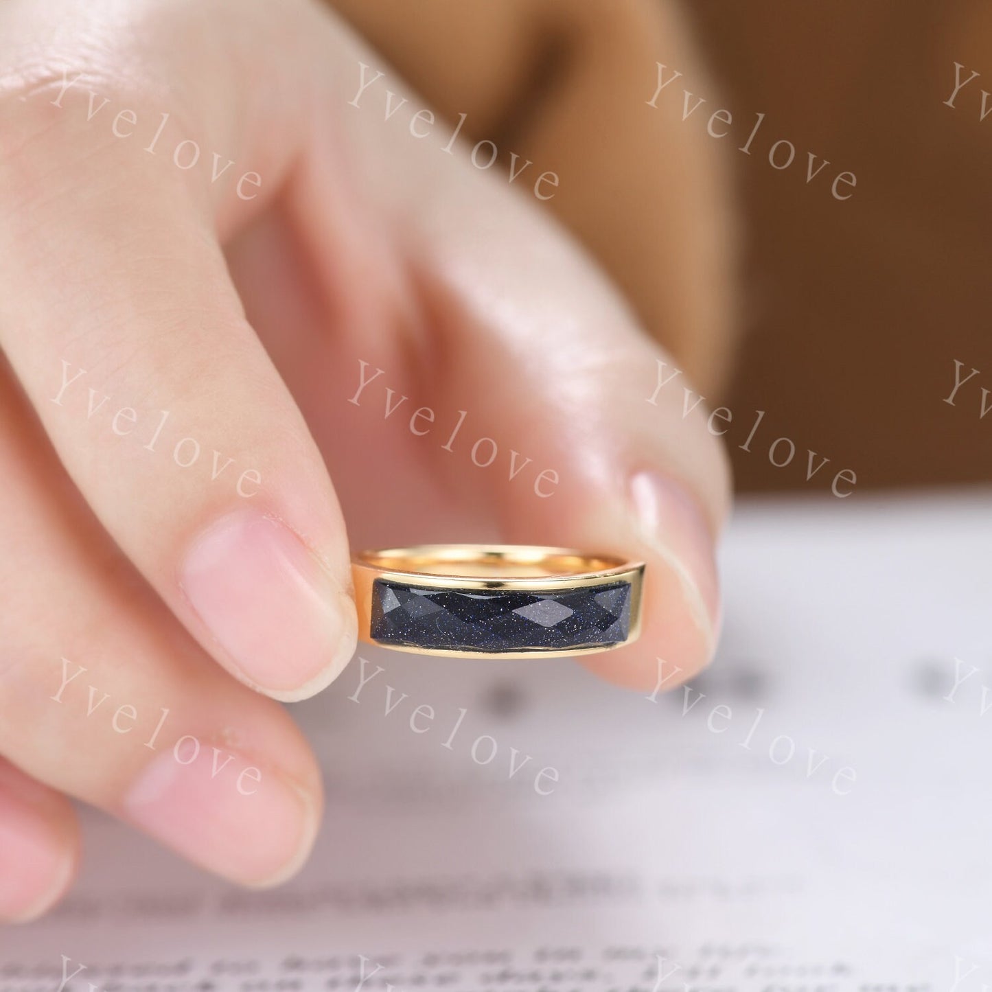 Space Galaxy Ring Unisex Gold Band Blue Sandstone Wedding Band Couples Ring Set His and Hers Sterling Silver Matching Couples Promise Ring