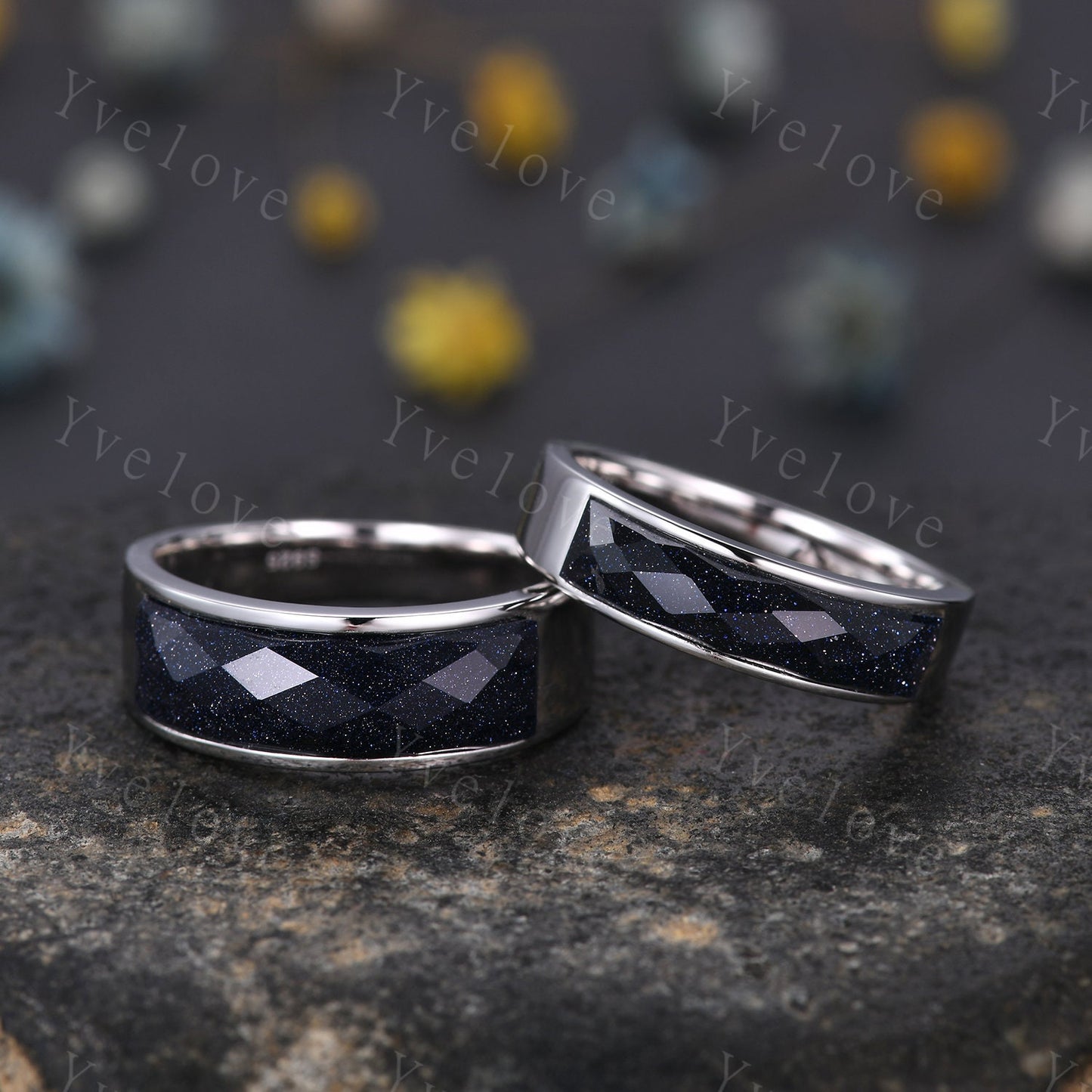 Space Galaxy Ring Unisex Black Gold Ring Blue Sandstone Wedding Band Couples Ring Set His and Hers Ring Matching Couples Promise Ring Set