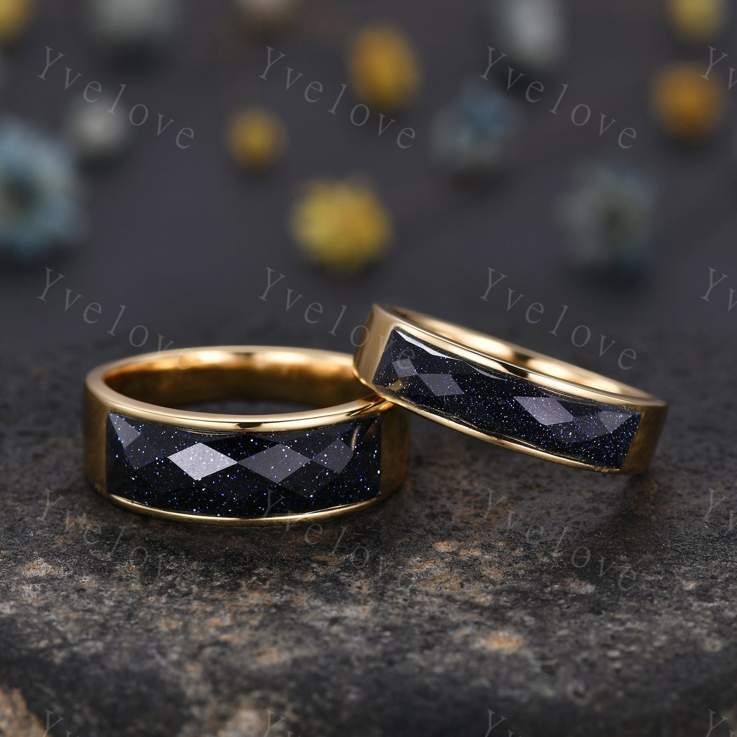 Space Galaxy Ring Unisex Black Gold Ring Blue Sandstone Wedding Band Couples Ring Set His and Hers Ring Matching Couples Promise Ring Set