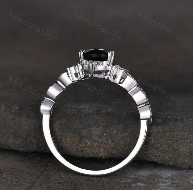 Pear shaped black onyx engagement ring unique moon style ring vintage art deco moissanite wedding ring Antique bridal Promise ring