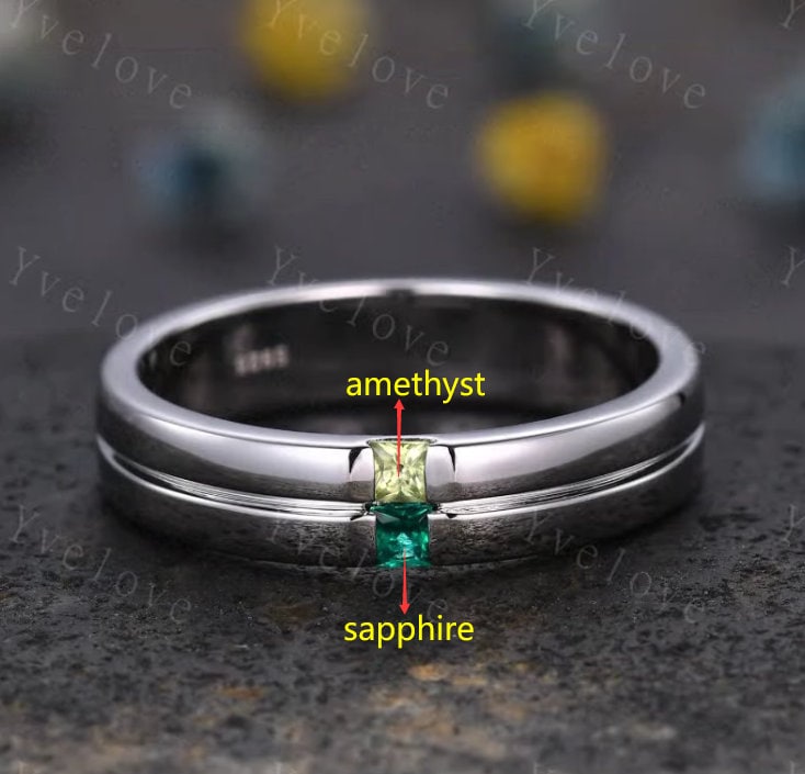 Custom order for Isabelle, 2.5mm princess cut amethyst and sapphire, sterling silver.