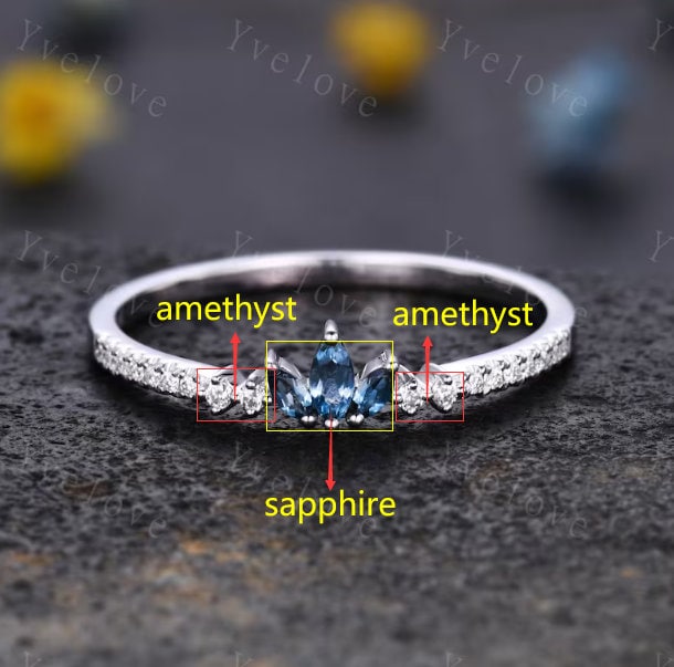 Custom order for Isabelle, marquise cut sapphire, round cut amethyst and moissanite, sterling silver.