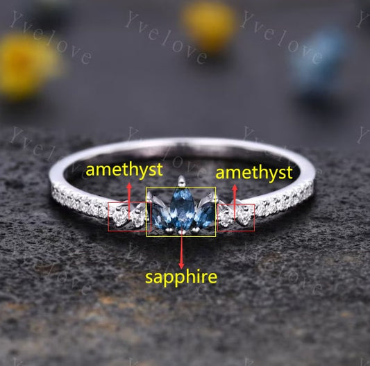 Custom order for Isabelle, marquise cut sapphire, round cut amethyst and moissanite, sterling silver.