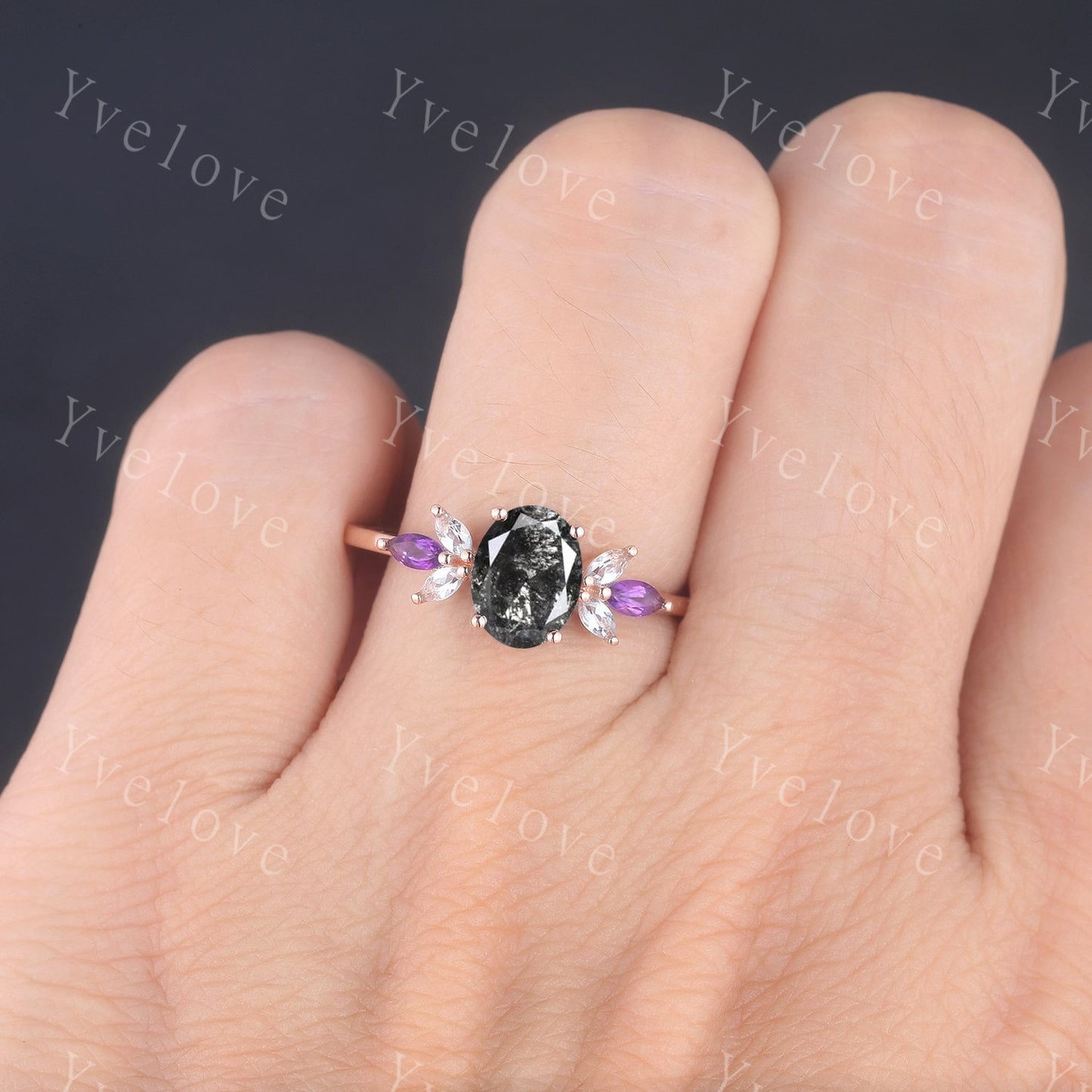 Vintage Oval Salt Pepper Diamond Engagement Ring Rose Gold Women Moissanite Amethyst Gem Matching Band Promise Stacking Ring Gift For Her