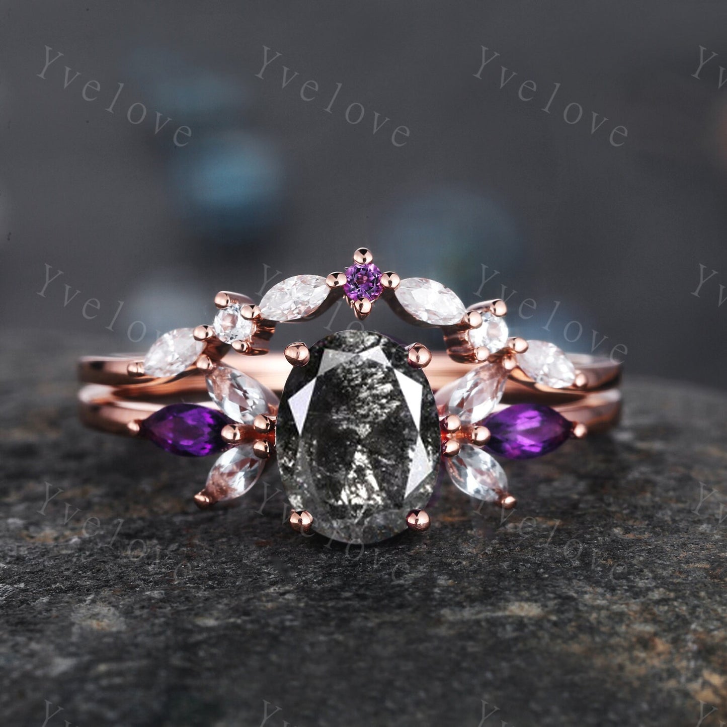 Vintage Oval Salt Pepper Diamond Engagement Ring Rose Gold Women Moissanite Amethyst Gem Matching Band Promise Stacking Ring Gift For Her
