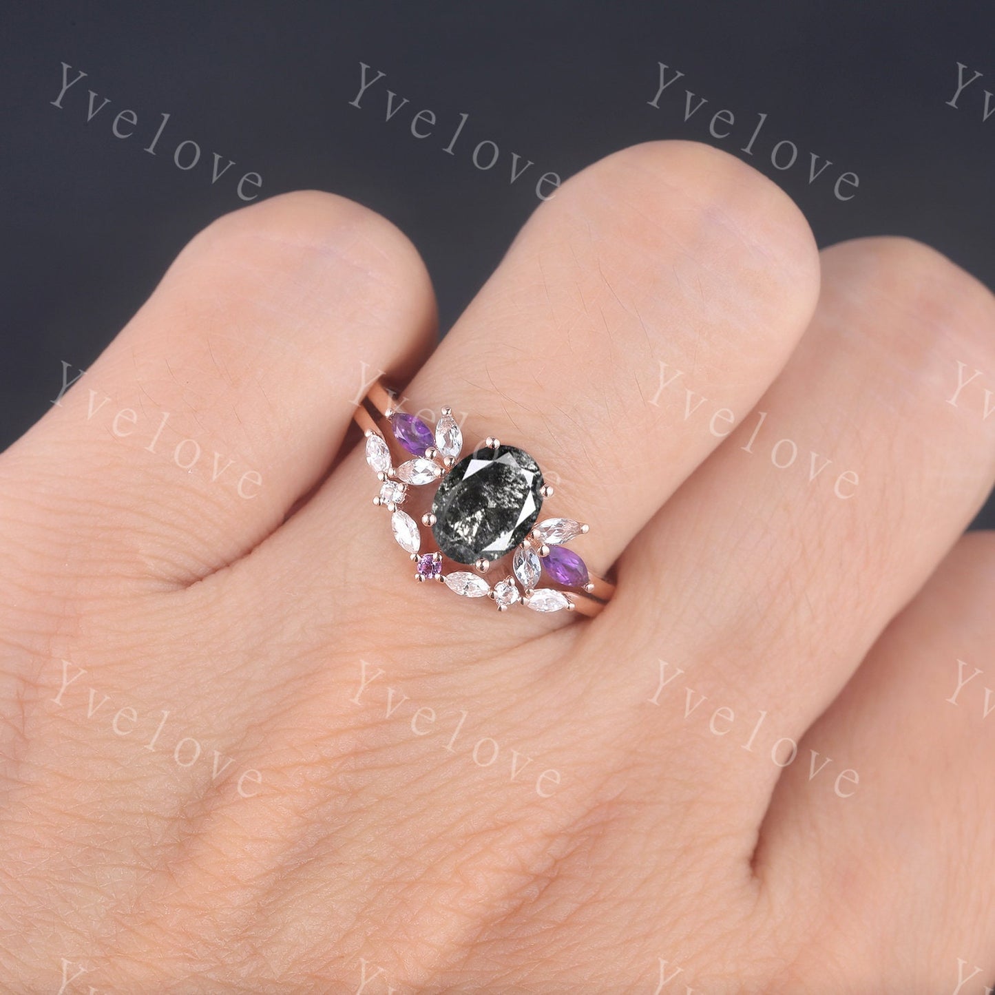 Vintage Oval Salt Pepper Diamond Engagement Ring Rose Gold Women Moissanite Amethyst Gem Matching Band Promise Stacking Ring Gift For Her