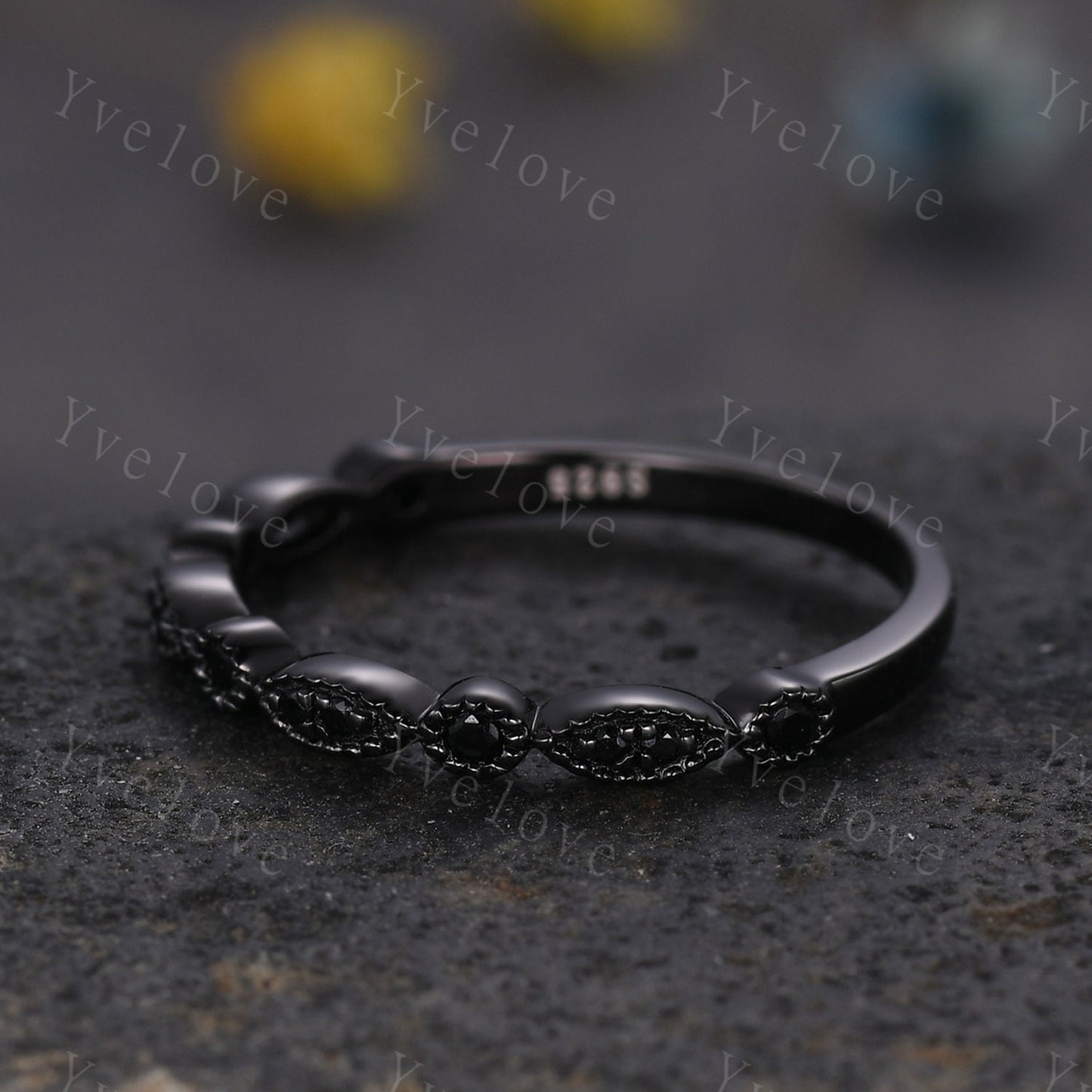 Black diamond wedding band half eternity ring Black spinel engagement ring silver black stacking matching band Milgrain set art deco ring