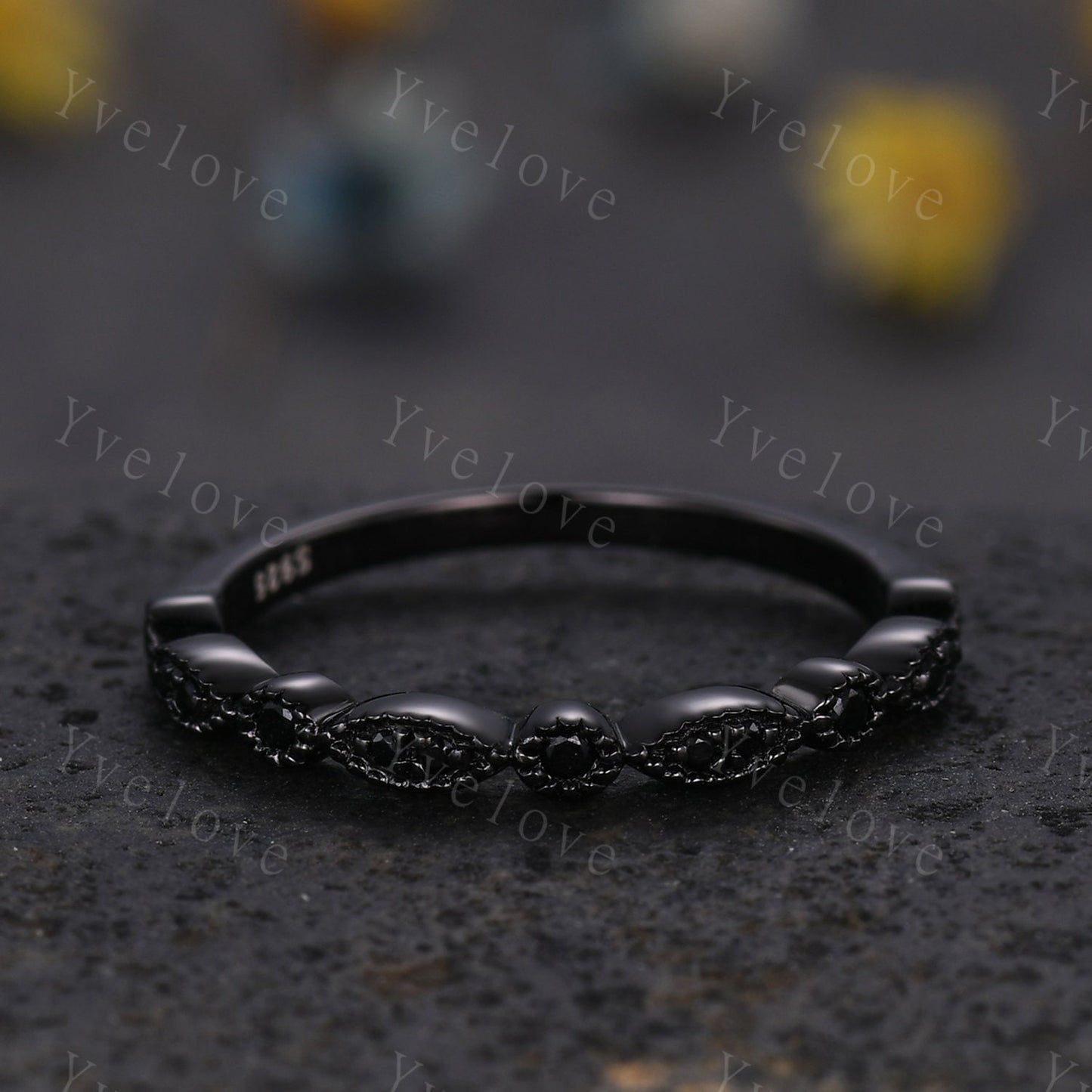 Black diamond wedding band half eternity ring Black spinel engagement ring silver black stacking matching band Milgrain set art deco ring