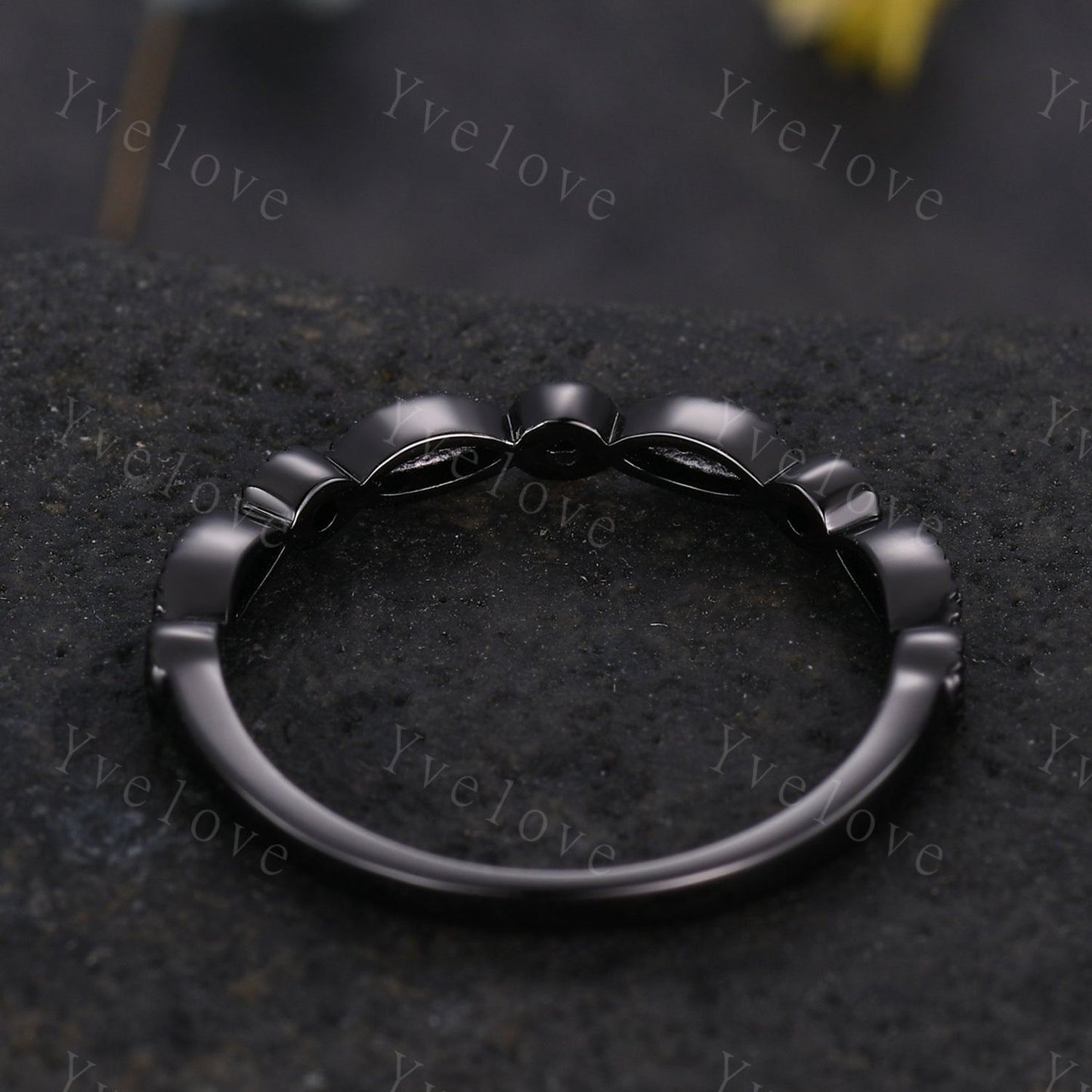 Black diamond wedding band half eternity ring Black spinel engagement ring silver black stacking matching band Milgrain set art deco ring