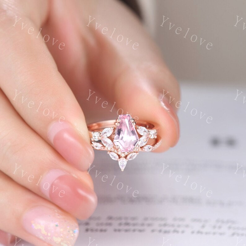 Vintage coffin shaped pink sapphire ring set moissanite wedding ring Unique sapphire engagement ring solid 14k rose gold bridal promise ring