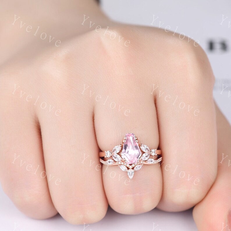 Vintage coffin shaped pink sapphire ring set moissanite wedding ring Unique sapphire engagement ring solid 14k rose gold bridal promise ring