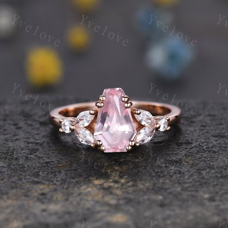 Vintage coffin shaped pink sapphire ring set moissanite wedding ring Unique sapphire engagement ring solid 14k rose gold bridal promise ring