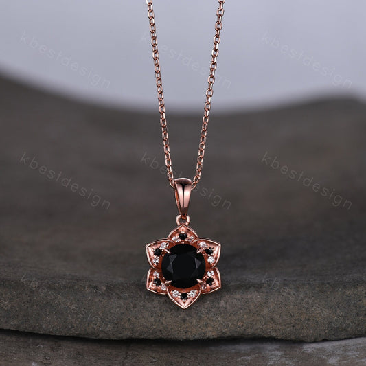 Vintage round black onyx necklace antique floral halo pendant necklace rose gold black gemstone necklace anniversary necklace gift for her