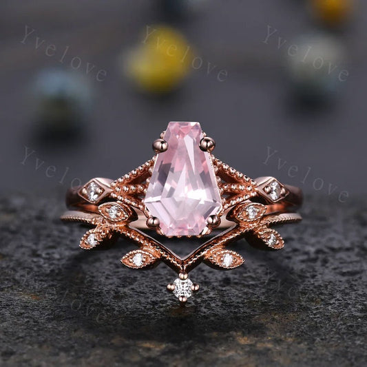 Vintage coffin pink sapphire ring set diamond wedding ring Unique sapphire engagement ring 18k rose gold diamond matching band promise ring