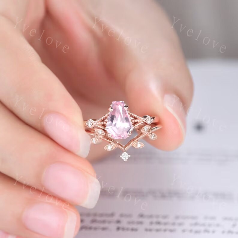 Vintage coffin pink sapphire ring set diamond wedding ring Unique sapphire engagement ring 18k rose gold diamond matching band promise ring
