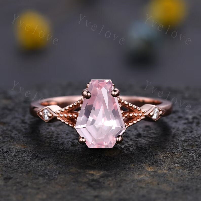 Vintage coffin pink sapphire ring set diamond wedding ring Unique sapphire engagement ring 18k rose gold diamond matching band promise ring