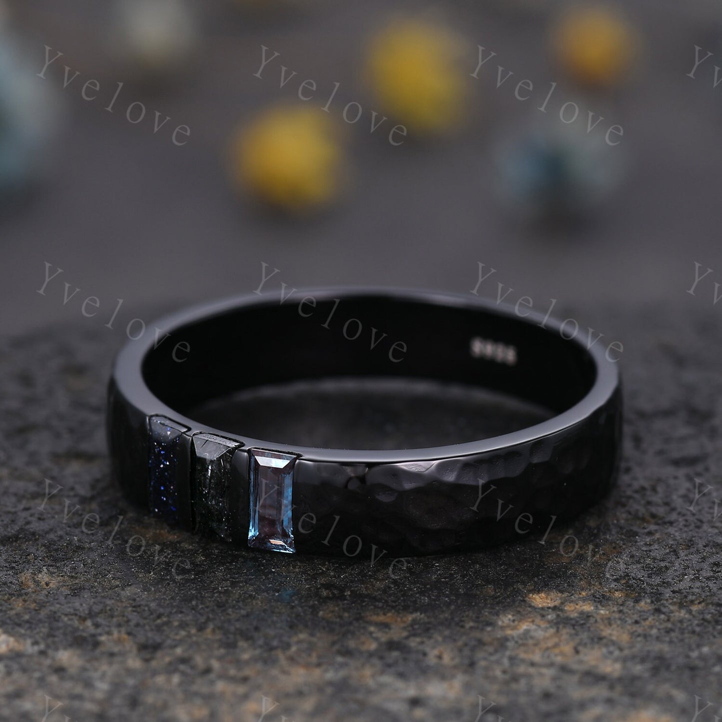 Mens Alexandrite Black Quartz Wedding Band Baguette Cut Sandstone Band 5mm Black Gold Ring Mens Hammered Stacking Matching Band Vintage Gift