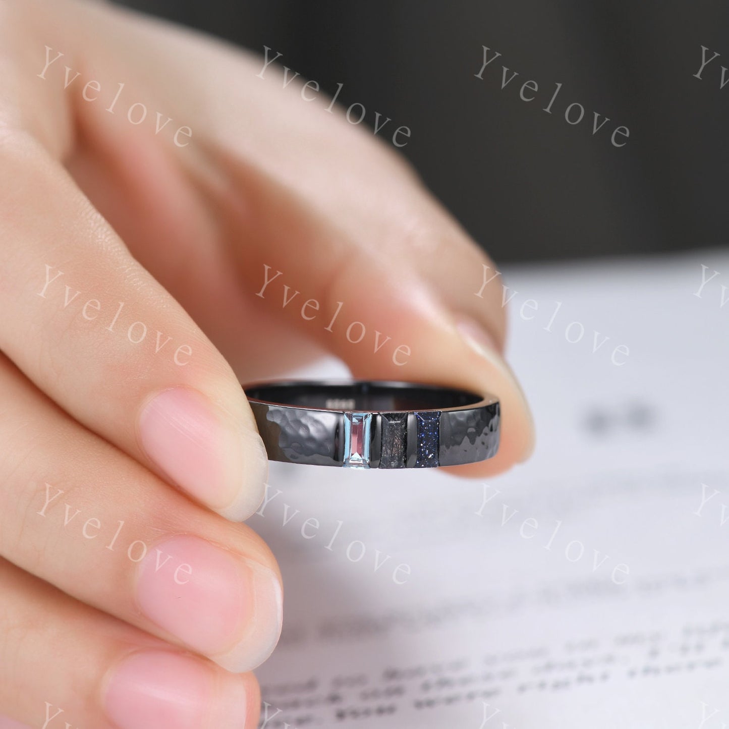 Mens Alexandrite Black Quartz Wedding Band Baguette Cut Sandstone Band 5mm Black Gold Ring Mens Hammered Stacking Matching Band Vintage Gift