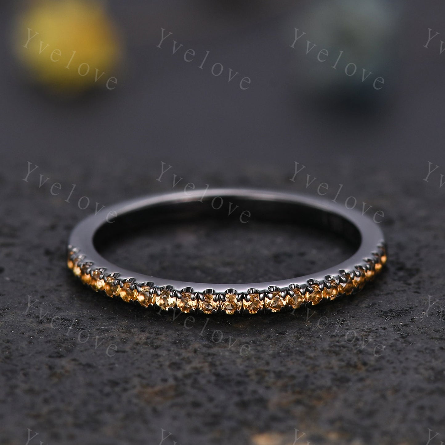 Danity citrine wedding ring 14k black gold wedding band half eternity black band citrine matching stacking ring anniversary gift for women