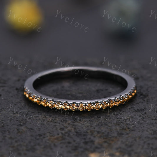Danity citrine wedding ring 14k black gold wedding band half eternity black band citrine matching stacking ring anniversary gift for women