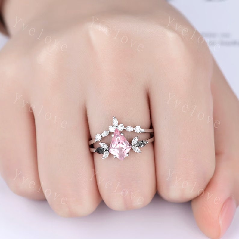 Vintage Kite Cut Pink Sapphire Engagement Ring Set,Unique Bridal Ring Set,Marquise Black Rutilated Quartz,White Gold Galaxy Anniversary Ring