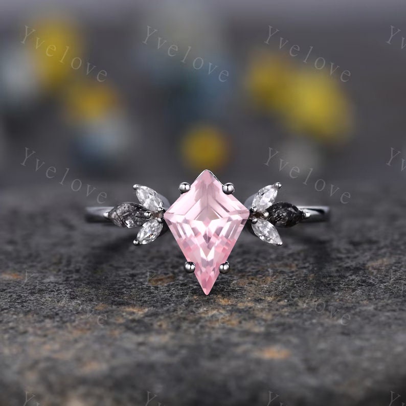 Vintage Kite Cut Pink Sapphire Engagement Ring Set,Unique Bridal Ring Set,Marquise Black Rutilated Quartz,White Gold Galaxy Anniversary Ring