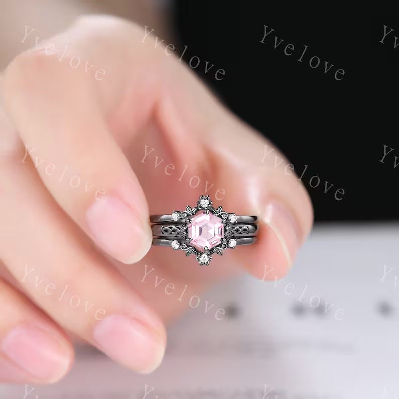 Hexagon Shaped Pink Sapphire Engagement Ring Set 925 Silver Vintage Sapphire Wedding Ring Enhancer Band Art Deco Bridal  Ring Set For Women
