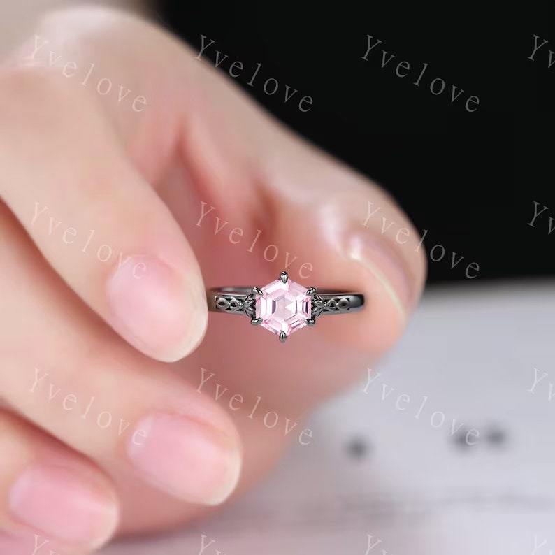 Hexagon Shaped Pink Sapphire Engagement Ring Set 925 Silver Vintage Sapphire Wedding Ring Enhancer Band Art Deco Bridal  Ring Set For Women