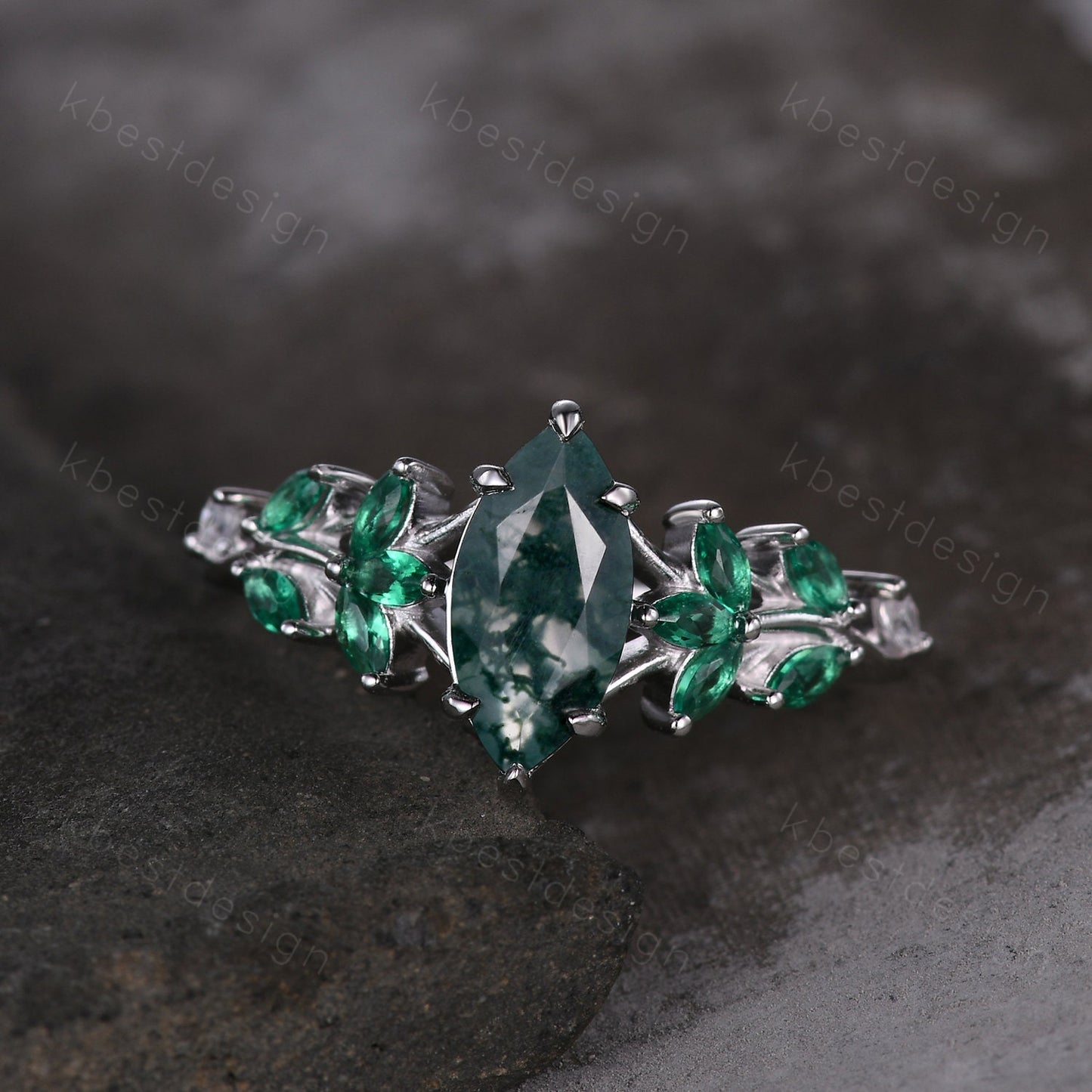Vintage Marquise Moss Agate Engagement Ring Unique Art Deco Leaf Emerald Cluster Ring Women Green Agate Branch Ring Bridal Promise Ring
