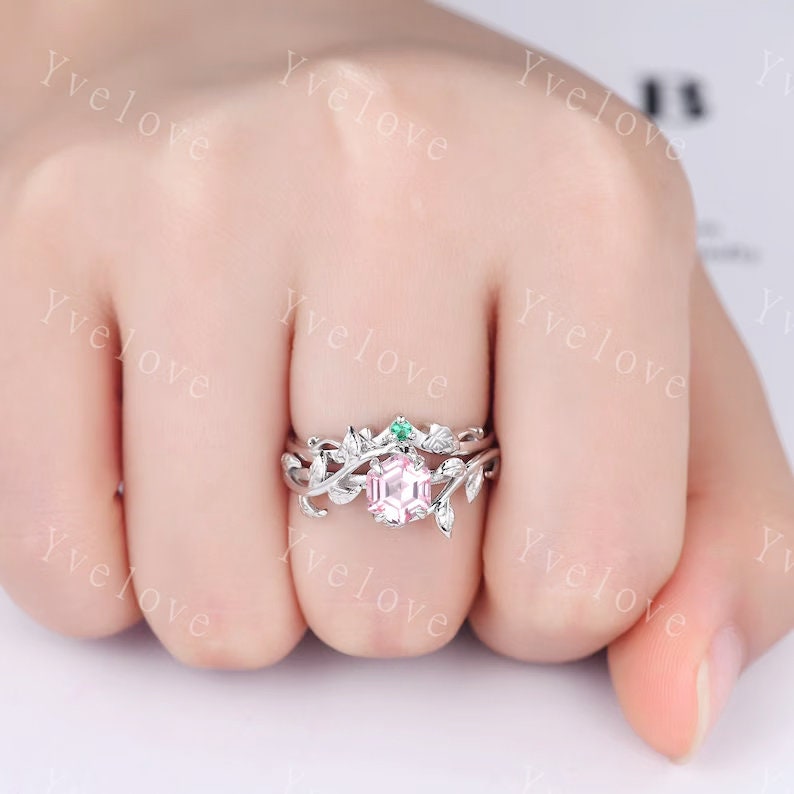 Hexagon Pink Sapphire Ring,Vintage Twig Vine Leaf Ring,Unique Sapphire Engagement Ring,Emerald Ring,Promise Anniversary Bridal Ring Gift