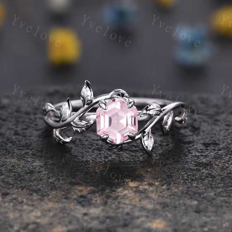 Hexagon Pink Sapphire Ring,Vintage Twig Vine Leaf Ring,Unique Sapphire Engagement Ring,Emerald Ring,Promise Anniversary Bridal Ring Gift