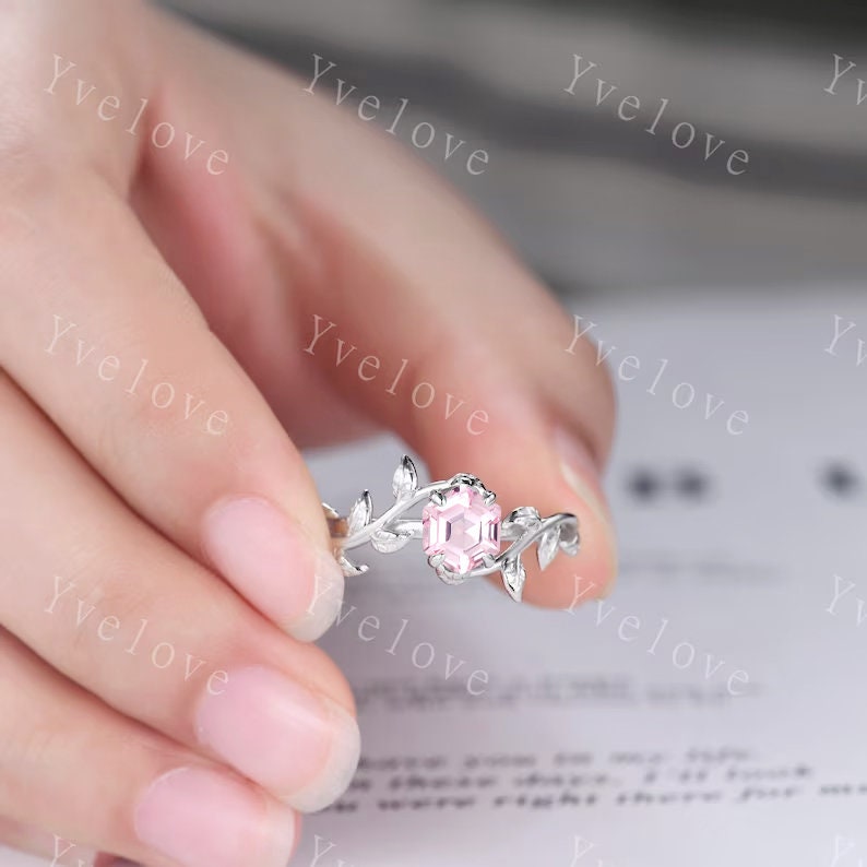Hexagon Pink Sapphire Ring,Vintage Twig Vine Leaf Ring,Unique Sapphire Engagement Ring,Emerald Ring,Promise Anniversary Bridal Ring Gift