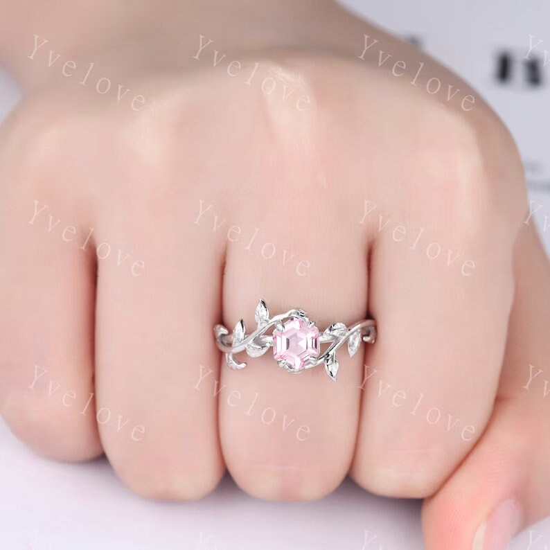 Hexagon Pink Sapphire Ring,Vintage Twig Vine Leaf Ring,Unique Sapphire Engagement Ring,Emerald Ring,Promise Anniversary Bridal Ring Gift