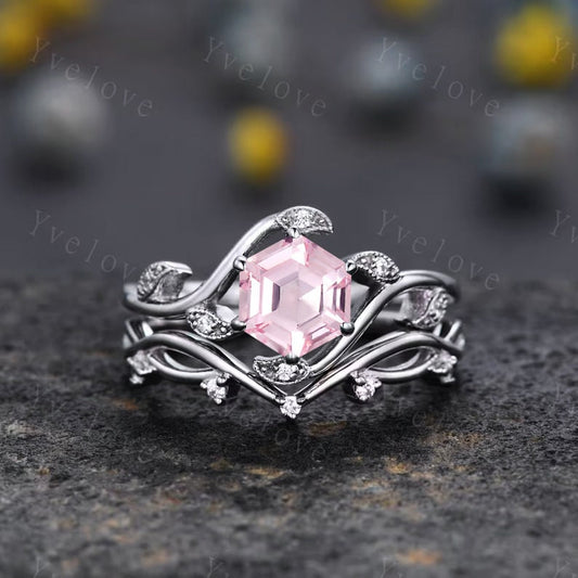 Retro hexagon Pink Sapphire Ring,Vintage Sterling Silver Ring Set,Unique Engagement Ring,Promise Ring,Anniversary Bridal Ring Gift,Custom