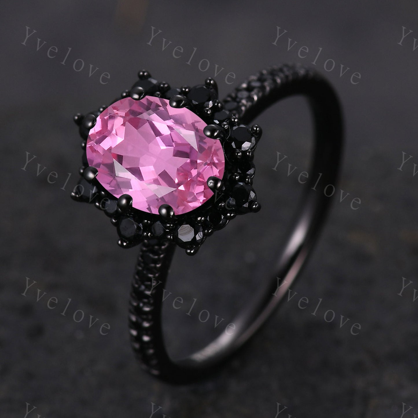Gothic Oval Cut Pink Sapphire Engagement Ring Set,Black Gold Black Diamond Promise Ring Set Unique Rhodium Black Witchy Ring Bridal Set Gift